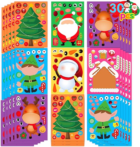 Joy Bang Christmas Stickers for Kids, 30 Sheets Make Santa Snowman Face Stickers Christmas Crafts for Kids Xmas Activities Games Xmas Party Favors Supplies Stocking Stuffers