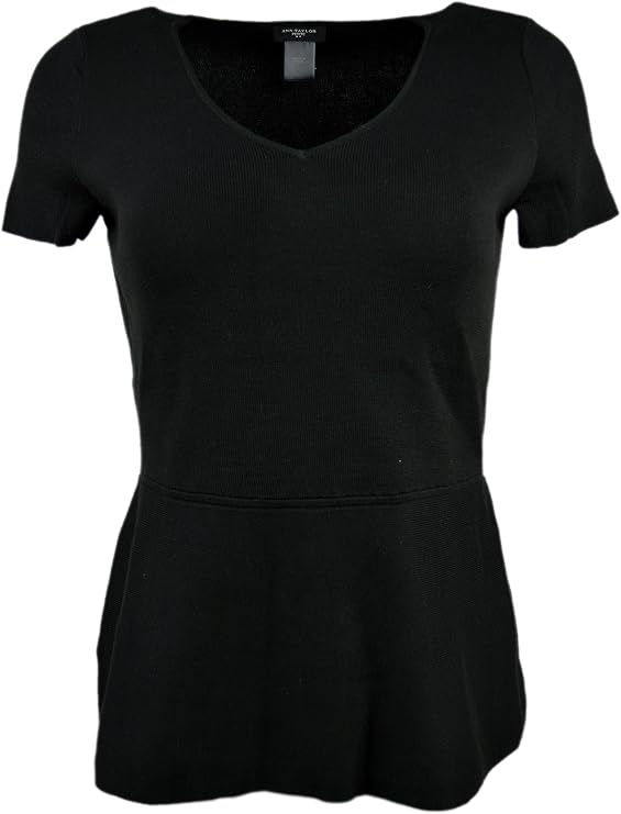 Ann Taylor Women's 395073 V-Neck Short Sleeve Peplum Sweater, Black (MP Petite Medium)