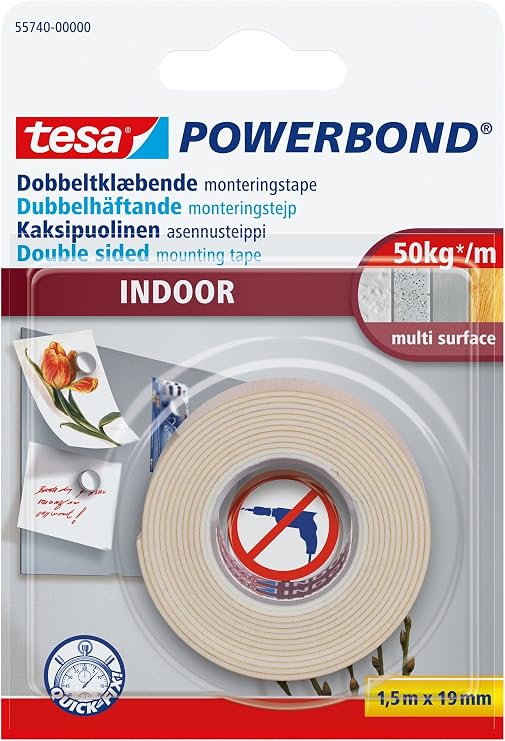 tesa Powerbond Foam Double Sided Mounting Tape for Indoor Use, 1.5 m x 19 mm