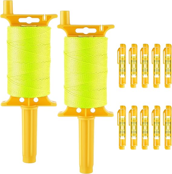 2 Pack Mason String Line Reel for Construction, Twisted 540 FT #18 Braided Nylon String with 10 Mason Line Level, High Visibility Braided Nylon Twine for Masonry Tools, Gardening, DIY(Yellow)