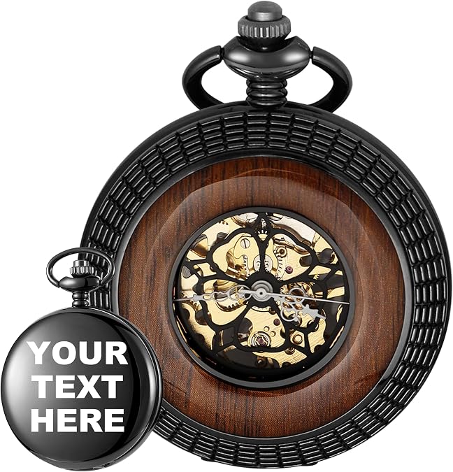Pocket Watch Hand-Wind Mechanical Men's Pocket Watch Steampunk Wood Grain Design with Chain & Box