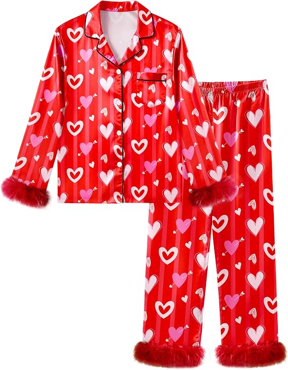 Sylfairy Girls Valentines Pajamas Satin Pajama Set Silk Pjs Long Sleeve Button Down Heart Sleepwear Loungewear Sets for Kids