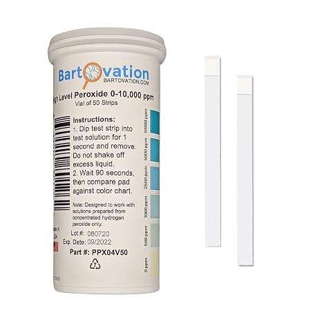 Bartovation Hydrogen Peroxide Test Strips, High Level 0-10,000 ppm, 50-Pack | strong disinfection, made in USA, H2O2
