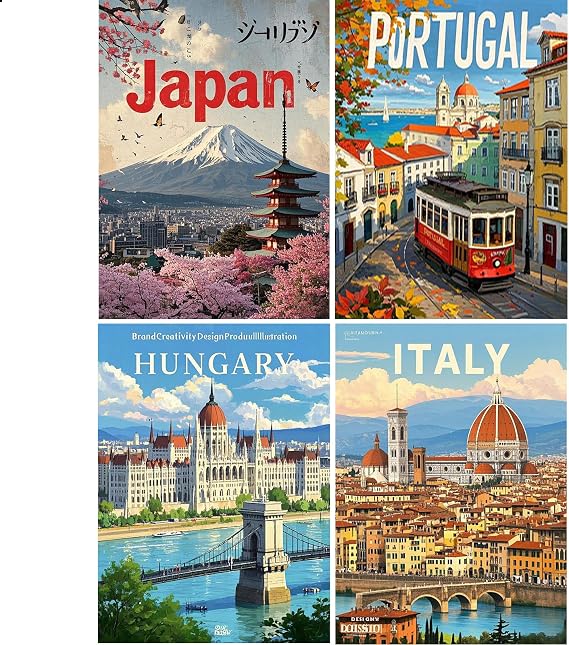 JISHSHAY 4 PCS City Diamond Painting Round Drill Diamond Art Round Beads Gem Art Gem Painting Mosaic Kits for Adults Embroidery Jigsaw Puzzles Home Decor 11.8115.75in Japan Portugal Hungary Italy