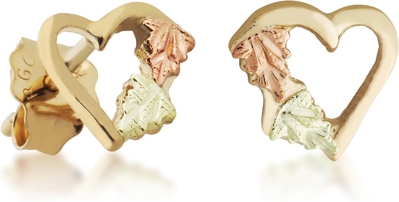 10k Yellow Gold Mirror Polished Heart Earrings with12k Green and Rose Black Hills Gold Accents in Jewelry Gift Box for Special Occasions