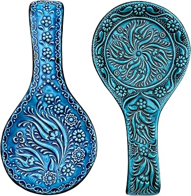 BCS Spoon Rest Set of 2 - Ceramic Spoon Holder for Stovetop & Kitchen Counter - Dishwasher Safe Handmade Kitchen Utensil Turquoise 4.5 W x 9 L