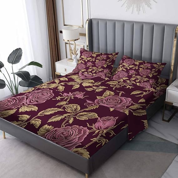 Vintage Rose Sheets Twin Sheet Set, Floral Burgundy Bed Sheets, Romantic Elegant Antique Bedding Bedroom Decor, Soft Microfiber Deep Pocket Fitted Sheet & Flat Sheet & 1 Pillowcase
