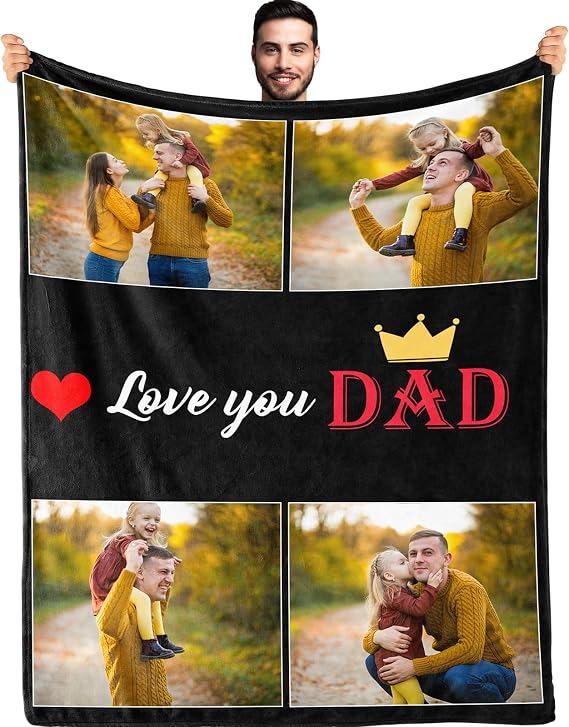 Personalised Blanket with Photo for Dad, Custom Throw with Your Pictures & Text – Personalised Gift for Dad Father's Day, Christmas