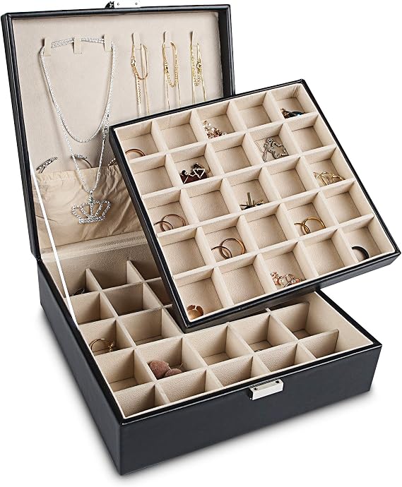 Frebeauty 50 Grid Earring Holder Organiser,2 Layer Jewellry Box for Women | Faux Leather Jewellery Box, Adjustable Dividers, Velvet Lining, Necklace Organiser, Multifunctional Jewellry Storage
