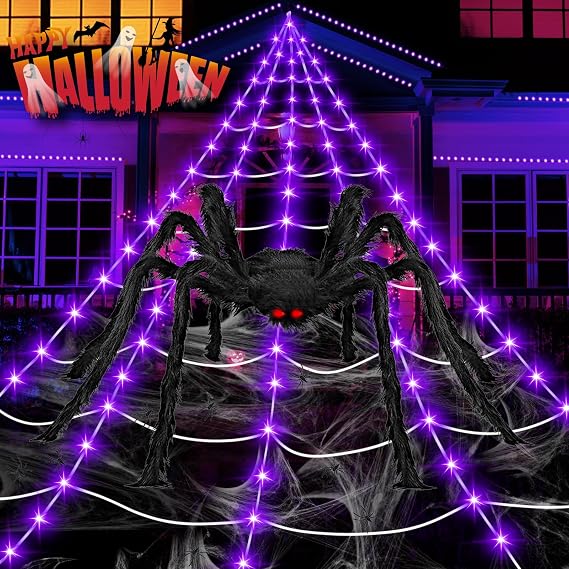 Halloween Decorations Outdoor, 200 LED Halloween Giant Spider Web Lights, 16.4Ft Lighted Spider Web Light up for Yard Haunted House Decor