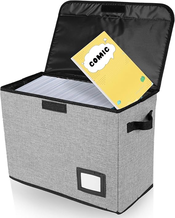 Comic Book Storage Box with Lid and Handle, Foldable Comic Book Bin with Label Slot Multifunctional Washable Books Storage Organiser Holds 150 Comics, 15.74x7.87x11.8(Grey)