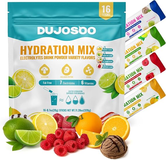 Shake Thoroughly! Electrolyte Hydration Powder Drink Mix | Fat Free - Variety Pack | 7 Electrolytes & 6 Vitamins | Hericium, Collagen Peptide, BCAAs | 1 Pack: 16 Servings, 20g/Stick, 5g Protein/Stick