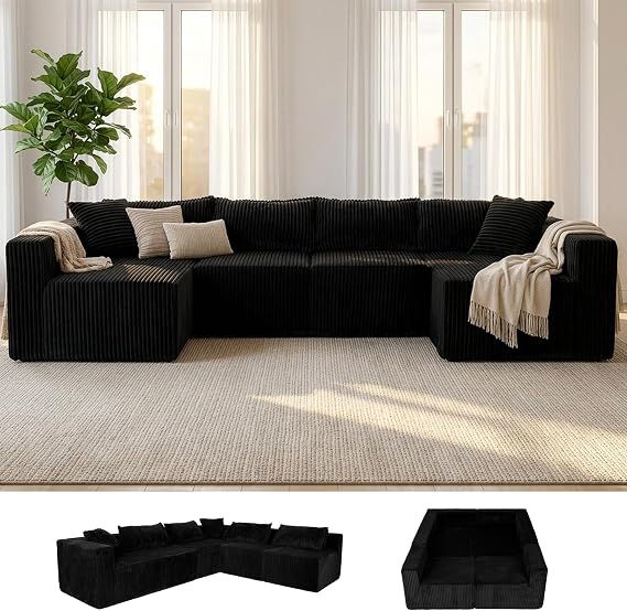 128" U-Shaped Boneless Sectional Couch, Cloud Sofa, Black