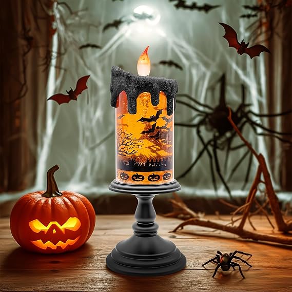 Halloween Snow Globe Flameless Candle Lighted Halloween Glitter Lantern with Spinning Water and Timer, Pumpkin & Bat Scene Halloween Decor for Home, Party, Table Centerpiece