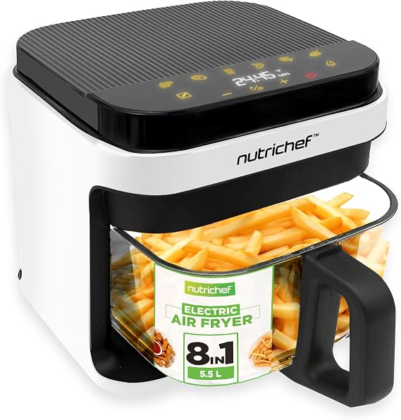 Nutrichef 5.5L Air Fryer with Transparent Glass Basket & Visible Cooking Window, 8 in 1 Preset Cook Modes, Precise Temperature Control & Timer, Easy Clean Dishwasher Safe, White