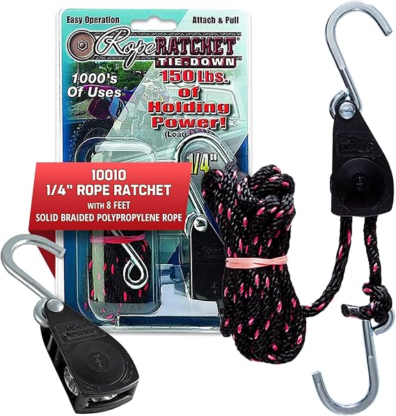 Rope Ratchet 1/4 Adjustable Pulley System, Braided Polypropylene Rope, 8 ft