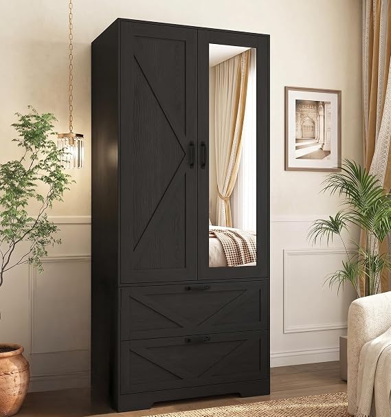 72" Armoire Wardrobe Closet with Mirror Door and LED Lights,Farmhouse Bedroom Armoire with Drawers and Adjustable Shelves,Wooden Armoire Wardrobe Closet with Hanging Rod for Bedroom(Black)