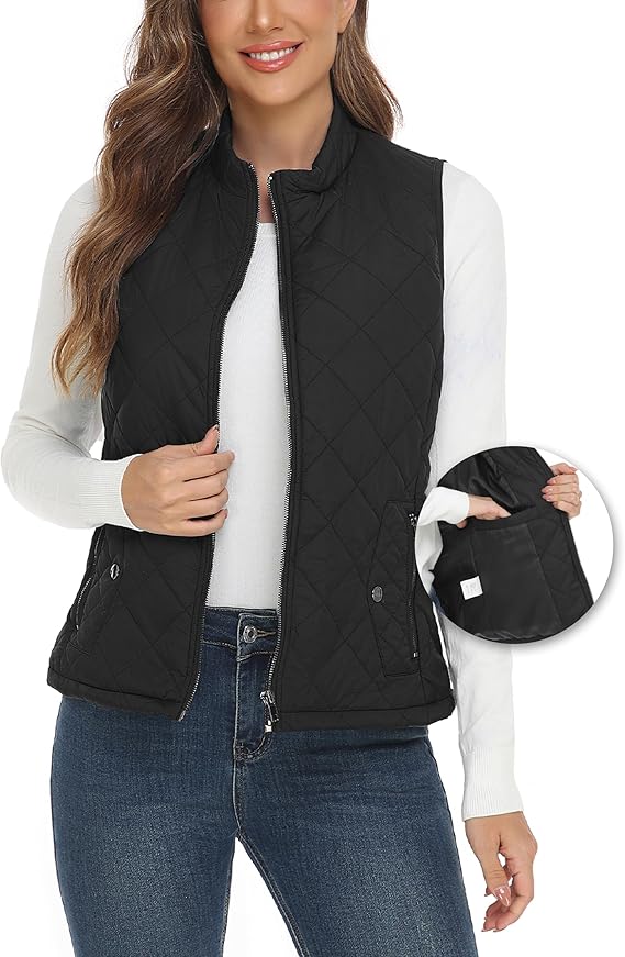 YESLIFE 2025 Women's Outwear Quilted Vest With One Inside Pocket - Stand Collar Lightweight Padded Gilet for Women
