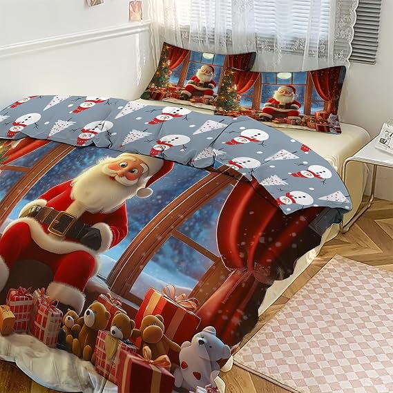 3D Printed Christmas Duvet Cover King Size,Cute Santa Claus Bedding with Gift Curtains Design,Reversible Festive Quilt Cover,Soft Microfiber,Easy Care with Zipper