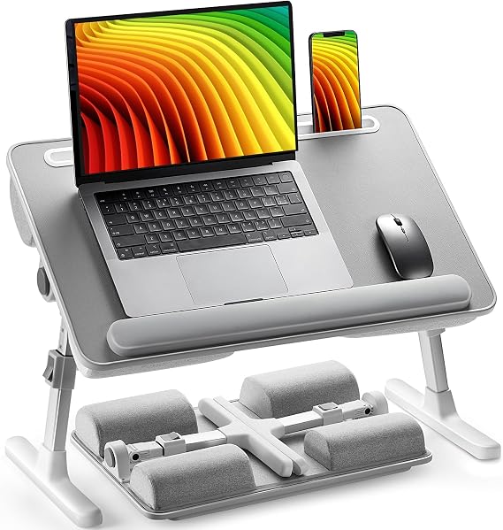 HUANUO Laptop Bed Lap Desk with Adjustable Height and 35 Tilt, Grey | 2-in-1 bed & lap desk, 11.14"15.67" height range, 4 comfy cushions, tablet & phone slot, anti-slip wrist pad, 20.1" legroom