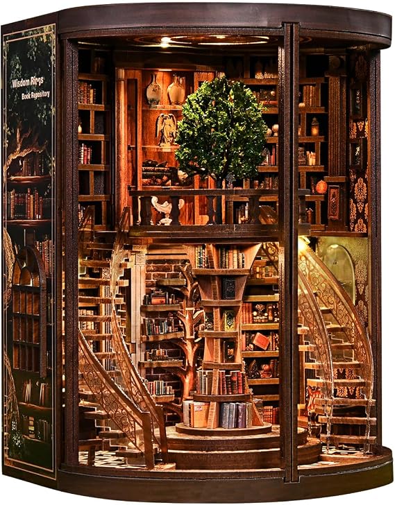 Book Nook Two-Story Library Mini Dollhouse Diorama kit 3D Wooden Puzzle