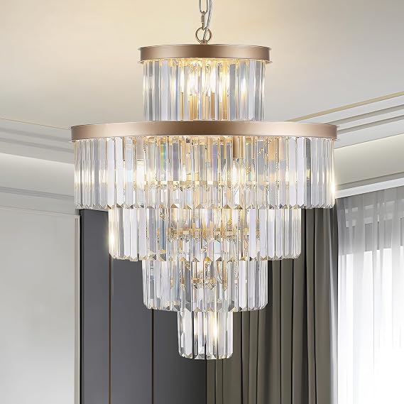 Modern Gold Crystal Chandelier, 23.6 Inch 15 Lights 5-Tier K9 Crystals Luxury Chandeliers, Dining Room Living Room Gold Light Fixture with Adjustable Height, Easy Installation for Bedroom Foyer