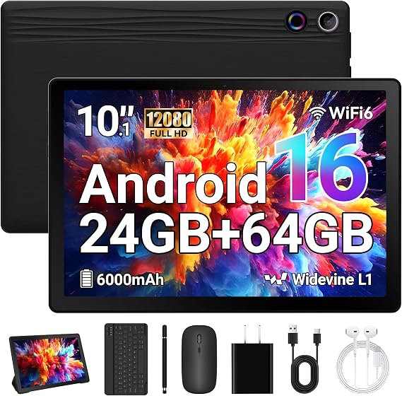 Tablets 10 inch Tablet Android 16,24GB RAM 64GB ROM (1TB TF Expand),5G WiFi 6,1280 x 800 HD, 5MP+8MP Dual Camere,Android Tablet with Keyboard, Stylus, Mouse, Earphone, Case (Black)