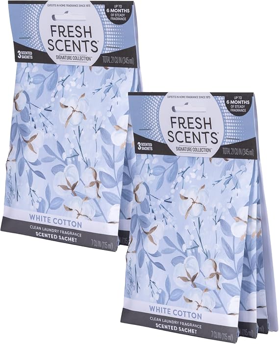 Fresh Scents White Cotton Scented Sachets 6 Pack | Home Fragrance, Long Lasting Up to 6 Months, Air Freshener for Closets, Drawers, Cars, Clean Linen Scent