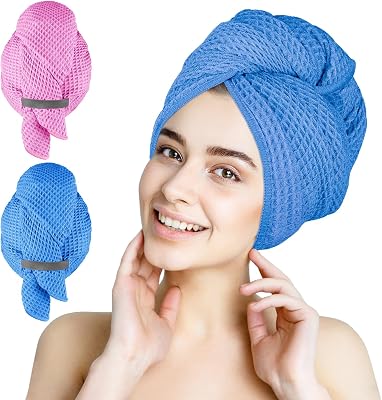 HOMEXCEL 2 Pack Large Microfiber Hair Towels Waffle Weave- 40 x 26.5 inches Fast Drying Turbans for Long, Thick, Curly Hair - Anti Frizz Wrap with Elastic Strap, BluePink