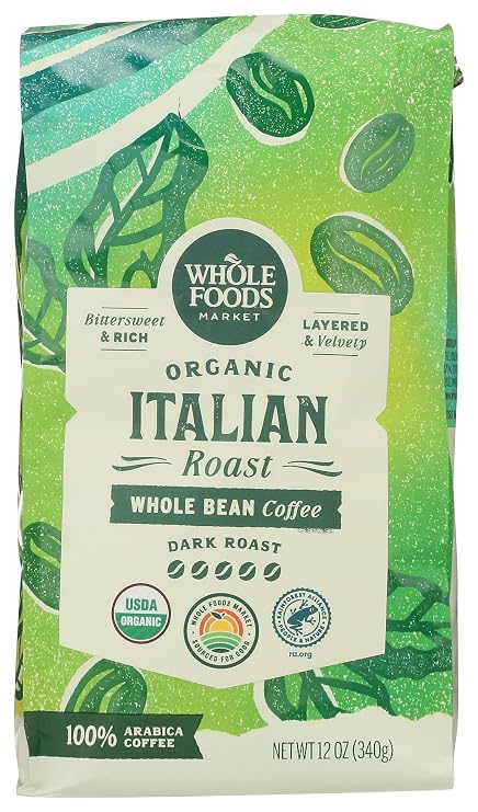 Whole Foods Market, Organic Whole Bean Coffee, Dark Italian Roast, Bittersweet, Rich & Velvety, 12 Ounce