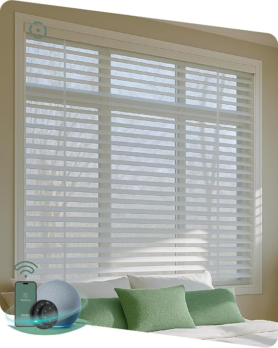 Yoolax Motorized Natural Wood Blinds with Remote, Smart Venetian Blinds