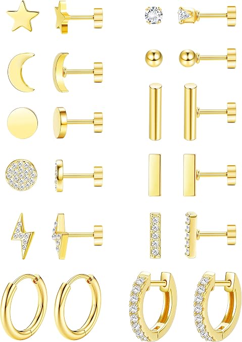 FASACCO 12Pairs Flat Back Stud Earrings for Women Men Hypoallergenic