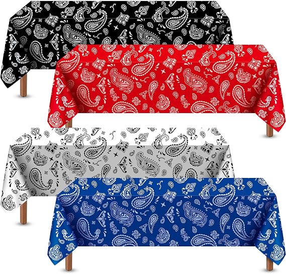 Reginary 4 Pack Western Party Tablecloth Paisley Tablecloth Bandana Plastic Table Cover for Rectangle Table for Western Cowboy Themed Party Decorations, 54 x 108 Inch, White, Black, Red, Blue