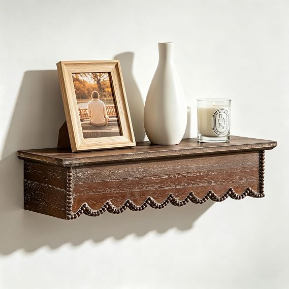 SOFE Vintage Wood Scalloped Decorative Wall Shelf, Beaded Trim