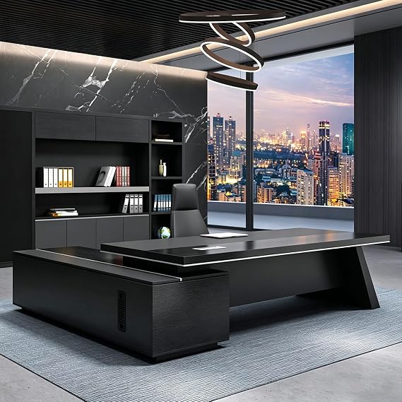 Modern L-Shaped Executive Desk, Computer Desk with Drawers Office Desk Business Furniture Extra Large L-Shaped Writing Table with Sturdy Thicken Tabletop Easy Assembly Black (94"L x 63"W x 29.5"H)