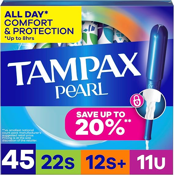 Tampax Pearl Tampons Multipack, with LeakGuard Braid, Super/Super Plus/Ultra Absorbency, Up to 100% Leak and Odor Free Protection, Unscented, 45 Count