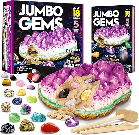 Jumbo Gem Dig Kit - Dig Up 18 Real Gemstones for Kids - Rocks and Minerals, Crystals Mining Science Kits Great Geology Archeology Gift for Boys & Girls Educational STEM Toys