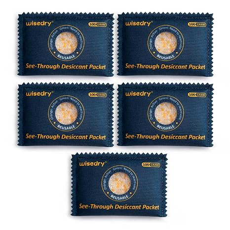wisedry 100g [5 Packs] See-Through Desiccant Packs for Storage, Reusable Color Indicating Silica Gel Desiccant Packets, Moisture Absorbers for Gun Safe, 3D Filaments, Toolboxes, Safe, Electronics