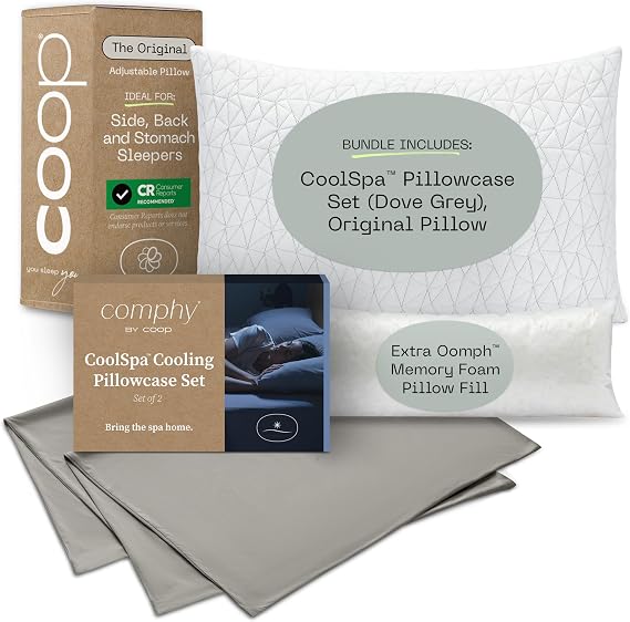 Coop's Cool+ Cooling Pillowcase Set & Original Pillow Queen Bundle, Set Includes (1) Set of 2 Cool+ Cooling Pillowcases, Dove Grey and (1) Original Pillow