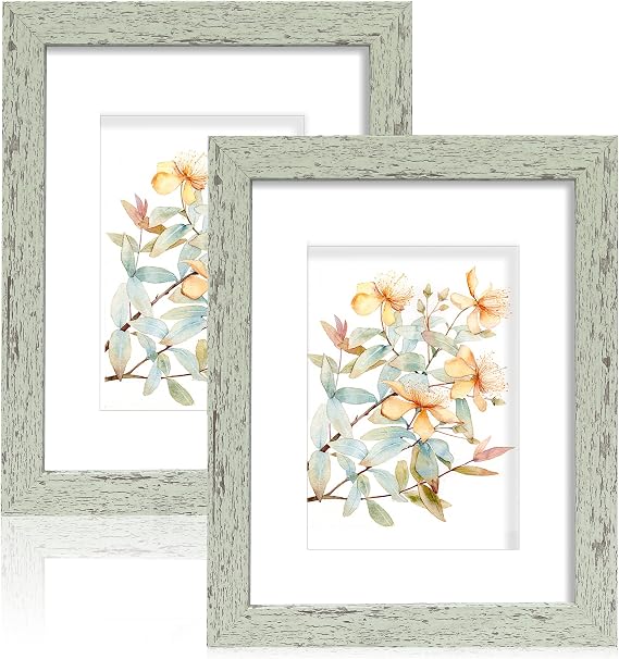 Hongkee 8x10 Picture Frame Set of 2, Made of Real Glass and Sage Green Wooden Frame - Display Picture 5x7 with Mat or 8x10 Without Mat, 8 by 10 Photo for Wall or Tabletop