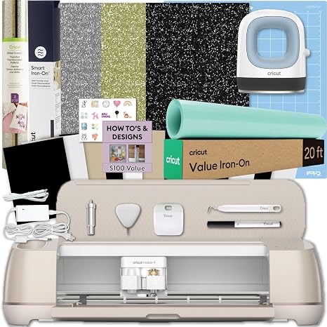 Cricut Maker 4 & Mini Heat Press Bundle - Cutting Machine & Heat Press with Heat Transfer Vinyl, Beginner Kit for DIY Apparel, Tote Bags, HTV Projects