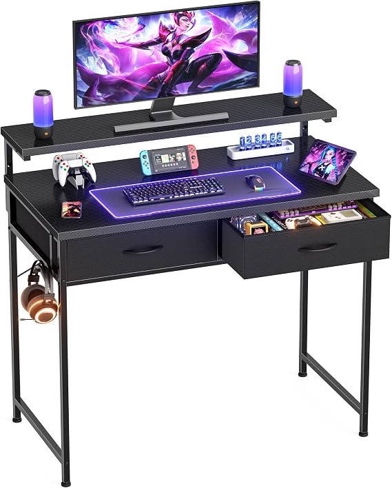 Gaming Desk with Adjustable Monitor Stand, 2 Storage Drawers, Black 80cm