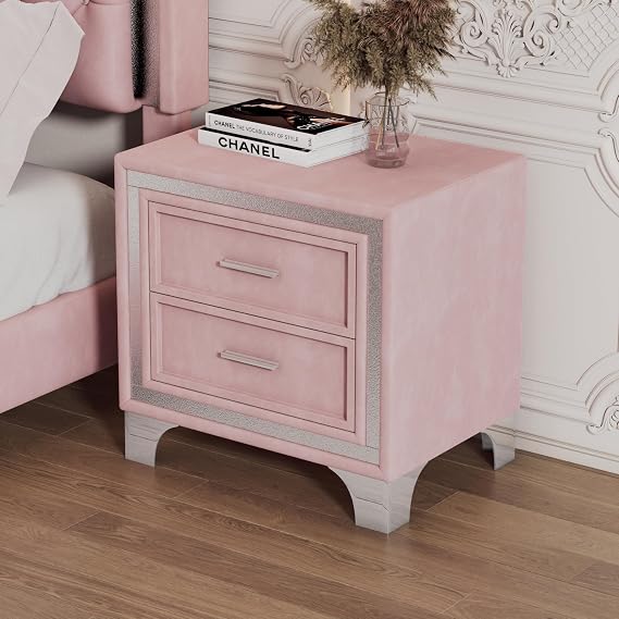 Velvet Bedside Table, Mid Century Nightsty Assembled Except Legs and Handles, 2-Drawer Nightstand with Metal Legs for Bedroom (Pink-N02XZ)