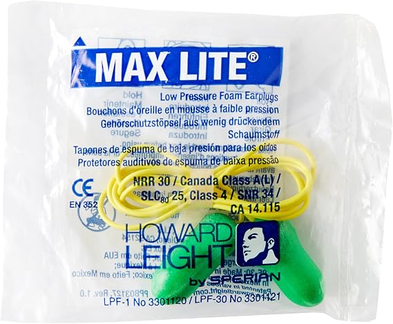 Howard Leight LPF30 Max Lite Corded Earplugs, Green, Pack of 100 Pairs