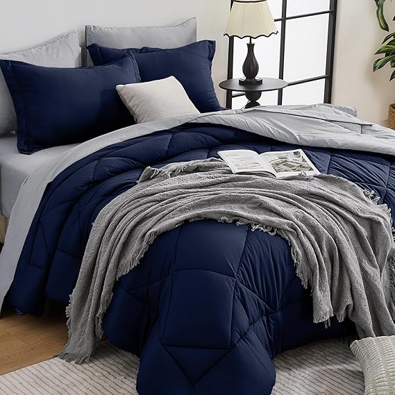 HEVUMYI 7-Piece Queen Comforter Set, Navy Blue & Grey Bed in a Bag
