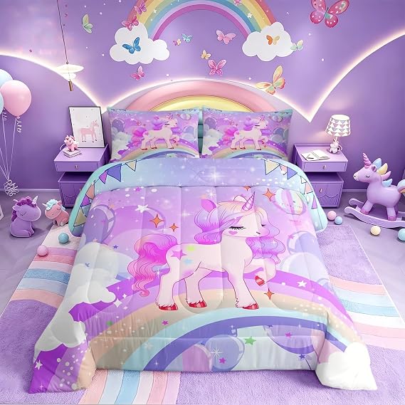 Feelyou Unicorn Girls Bedding Set Twin Kawaii Cute Rainbow Unicorn Comforter Set Reversible Cartoon Stars Comforter Kids Children Purple Unicorn Animal Room Decor 1 Pillowcase