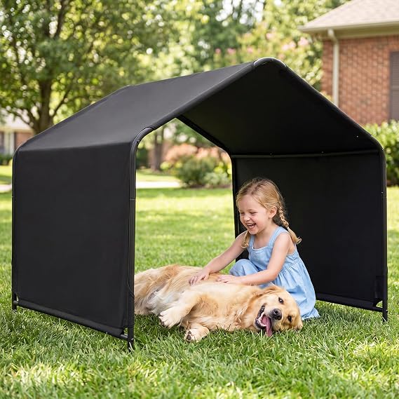 Large Dog Shade for Outdoor,4.2' x 3.8' x 3.5' Pet Tent Canopy | PU Coating | Waterproof | Robust Metal Frame | Ground Stakes Included | Ideal for Medium & Large Dogs |