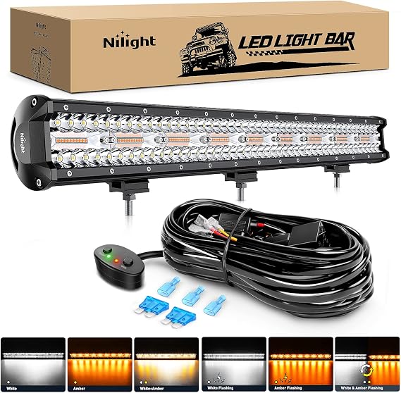 Nilight 26Inch 540W LED Light Bar Spot Flood Amber White Strobe 6 Modes with Memory Function Off-Road Truck Car ATV SUV Cabin Boat with 16AWG Wiring Harness Kit-1 Lead