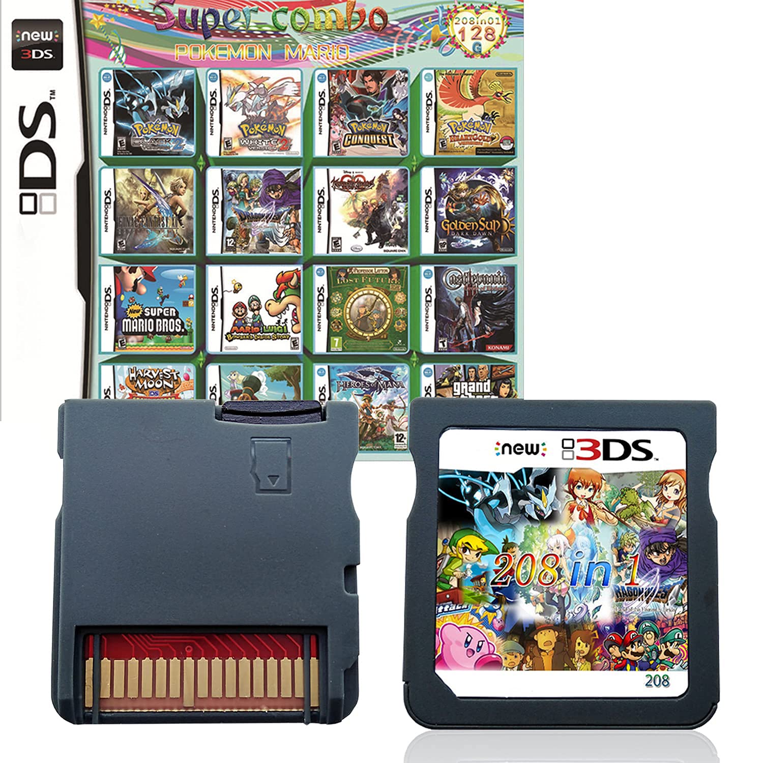 208 in 1 Game Cartridge,Nintendo DS Games Card,Compatible with Super Combo,NDSL,NDSi,NDSi LLXL,3DS,3DSLLXL,New 3DS,New 3DS LLXL,2DS,New 2DS LLXL
