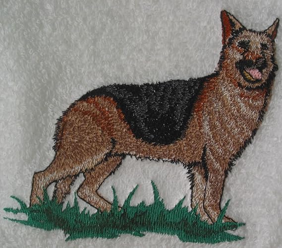 Bath Towel Set with Embroidered German Shepherd - White